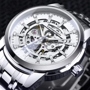 Herren Automatikuhr silbernes Skelett Zifferblatt Edelstahl Luxus Herren Armbanduhr
