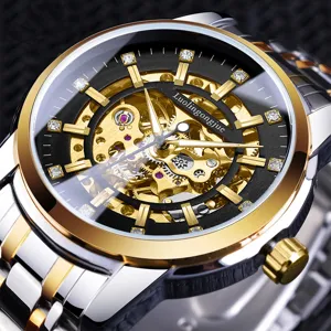 Herren Automatikuhr mit Skelettzifferblatt, Strasssteinen und zweifarbigem Edelstahl-Armband.
