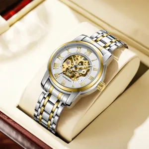 Herren Automatik mechanische Skelett Uhr zweifarbiger Stahlarmband römische Ziffern