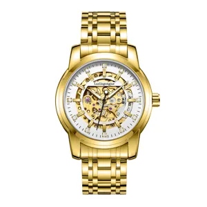 Goldene mechanische Herrenuhr, skelettiertes Zifferblatt mit Strass-Indexen, elegantes Stahlarmband.