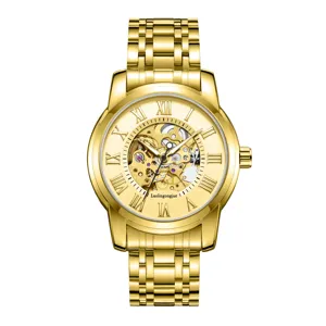 Goldene automatische mechanische Herrenuhr mit Skelettzifferblatt und römischen Ziffern.