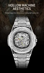 Men's stainless steel hollow mechanical watch with vintage engraved retro design and skeleton dial.