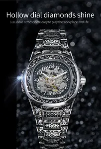 Men's retro mechanical watch stainless steel skeleton carved waterproof wristwatch