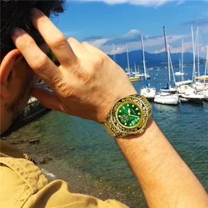 Luxury gold carved quartz watch for men with green dial and date display outdoor style