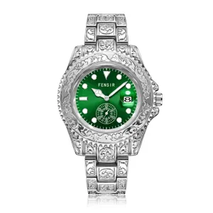 Engraved green dial quartz watch for men, vintage business waterproof steel wristwatch.