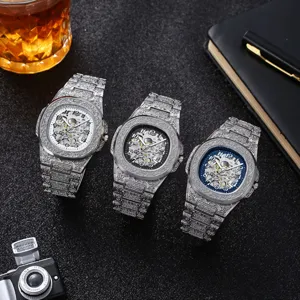 Men's mechanical watch featuring full stainless steel engraved carved hollow skeleton dial design.