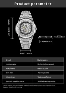Luxury stainless steel skeleton mechanical watch with 316L steel and sapphire crystal.