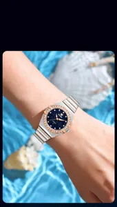 Elegant women quartz watch with starry dial and diamond bezel, fashion wristwatch for ladies.