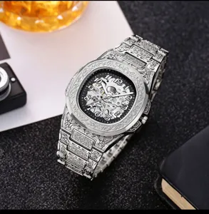 Vintage engraved mechanical watch for men, stainless steel skeleton wristwatch with luxury carved.