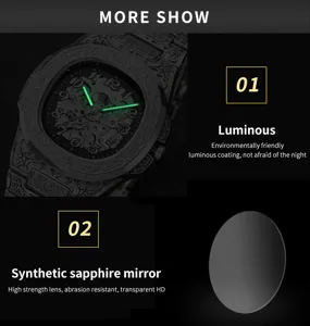 Detailed view of skeleton mechanical watch featuring luminous hands and sapphire glass lens.
