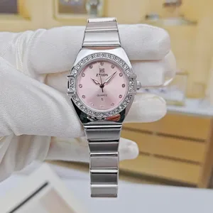 Fashion women quartz watch with pink dial rhinestone bezel and metal strap luxury design