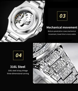 Men mechanical watch stainless steel hollow carved mechanical movement detail view display