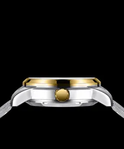 Men's automatic mechanical watch side view with polished gold bezel and silver steel case.