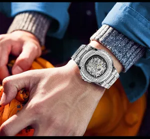 Men mechanical stainless steel hollow carved retro watch for men daily use new style