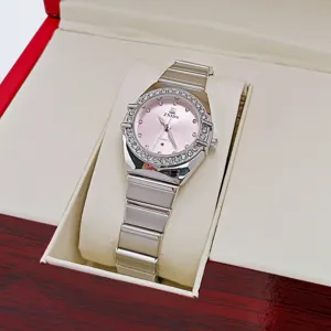 Women quartz watch with pink dial rhinestone bezel and metal strap luxury fashion timepiece