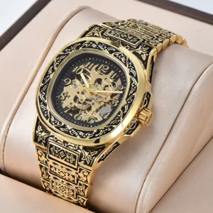 Mens Automatic Mechanical Watch Stainless Steel Retro Embossed Hollow Dial Waterproof Luminous Business Wristwatch