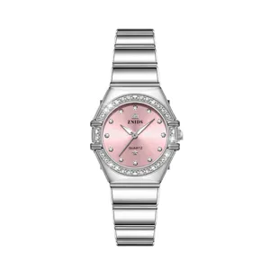 Elegant women's quartz watch with pink dial, rhinestone bezel and silver metal bracelet.