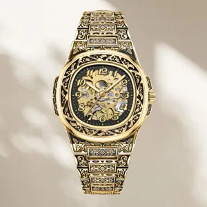 Luxury mechanical watch for men featuring vintage carved relief design, skeleton dial, and stainless steel.
