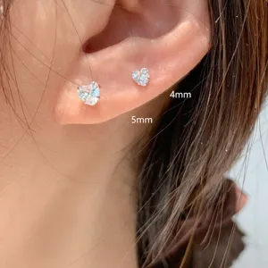 Orecchini a lobo con cuore in cristallo argento, gioielli minimalisti taglie 4mm e 5mm.
