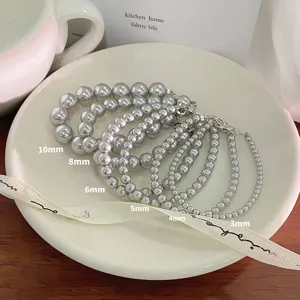 Bracelet en Argent Sterling 925 Perles pour Femmes Élégant Style Français Perles Artificielles Blanches Grises Bijoux Cadeau
