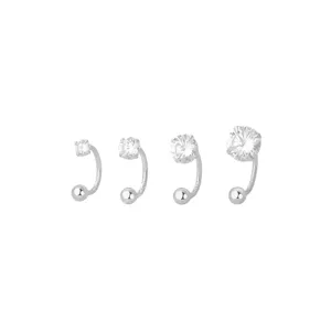 S999 zilveren kubieke zirconia gebogen schroef piercing oorbellen set, minimalistisch.