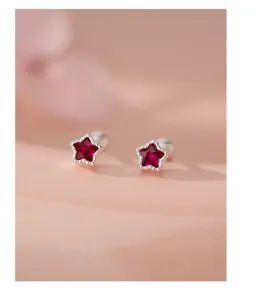 Boucles d'oreilles clous étoile en argent zircon rouge, bijoux doux mignons pour femmes.