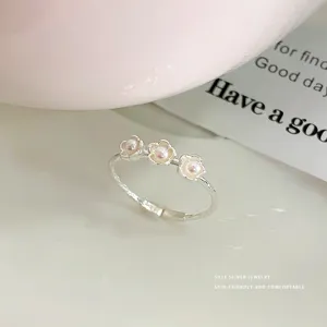 Bague Trois Fleurs Perles Argent Sterling 925 Bijou Ouvert Réglable Mignon Femme