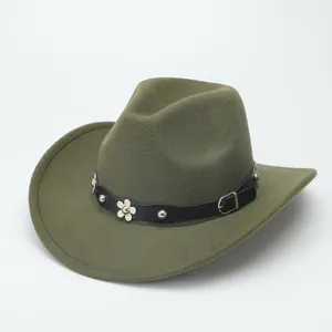 Olive green felt cowboy hat detail view, classic wide brim wool fedora with leather band.