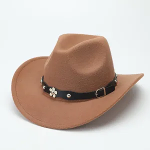 Classic brown wool cowboy hat for women and men, featuring a stylish studded leather belt.