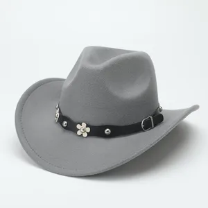 Grey wool felt cowboy hat with decorative flower stud band, wide brim winter fedora style hat.