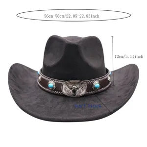 Westlicher Cowboyhut mit Türkis Stierkopf Schnalle, Vintage Filz Jazzhut für Damen und Herren.