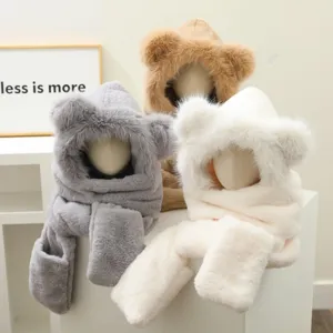 Cute Bear Ears Plush Hooded Scarf Glove Set For Women Winter Warm Windproof Thickened Hooded Scarf Integrated Scarf Hat Set