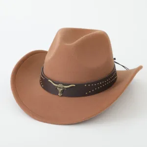 Retro Polyester Western Cowboy Hat With Bull Head Metal Rivet Leather Belt Ethnic Wide Brim Fedora Sun Hat For Vacation Adults