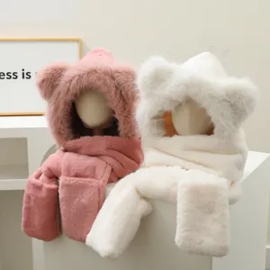 Cute bear ear hooded scarf detail showcasing soft plush texture, winter warm windproof design.