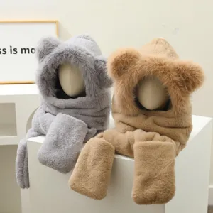 Faux fur bear ear hooded scarf detail, cute plush design, cozy winter warmth texture view.
