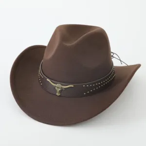 Retro brown western cowboy hat with metal bull head ornament, stylish felt hat for vacation.
