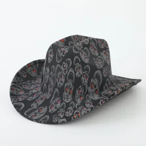 Sombrero de Vaquero del Oeste Estampado de Calavera Jazz Fedora para Fiesta de Halloween Accesorio de Disfraz Hombre Mujer Negro Poliéster
