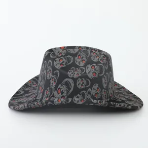 Sombrero de vaquero con calavera para Halloween, fedora de jazz elegante para fiestas.
