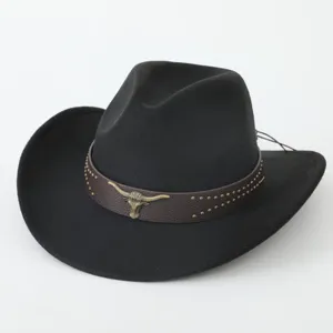 Classic black western cowboy hat with brown leather band, metallic studs and retro bull head.
