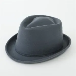Dark grey wool fedora hat, classic British style jazz hat, detailed view of texture.