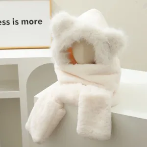 Cute white bear ear plush hat scarf gloves set, thick warm winter windproof 3-in-1 fashion accessory.