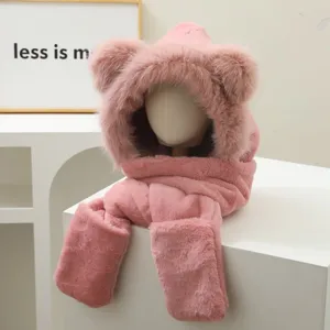 Detail view of the cute pink bear ear plush hood, scarf and gloves set, soft winter warm.