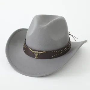 Grey felt western cowboy hat with brown leather band, vintage bull head emblem and metal studs.