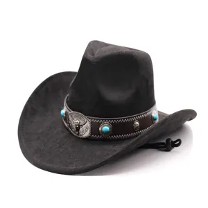 Westlicher Cowboyhut mit Türkis Stierkopf Schnalle, ethnischer Fedora Jazzhut für Herren Damen.