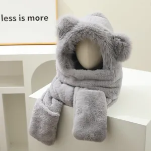 Detailed close-up view of the cute grey plush bear ear hat scarf gloves winter set.