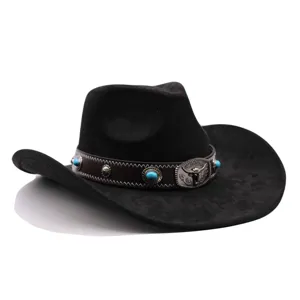 Schwarzer Western-Cowboyhut mit dekorativem Lederband, Türkissteinen und silberner Stierschnalle.