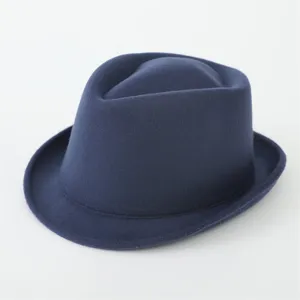 Dark blue wool fedora hat detail, retro British style small brim jazz hat for daily wear.