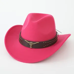 Hot pink western cowboy hat for women, stylish felt fedora with bull skull decor and studs.