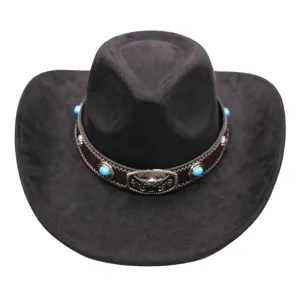 Schwarzer Western Cowboy Hut mit Türkissteinen und Stierkopf Schnalle für Damen und Herren