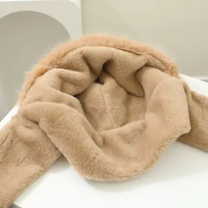 Thickened plush bear ear hooded scarf winter warm cute faux fur hat and neck wrap all-in-one